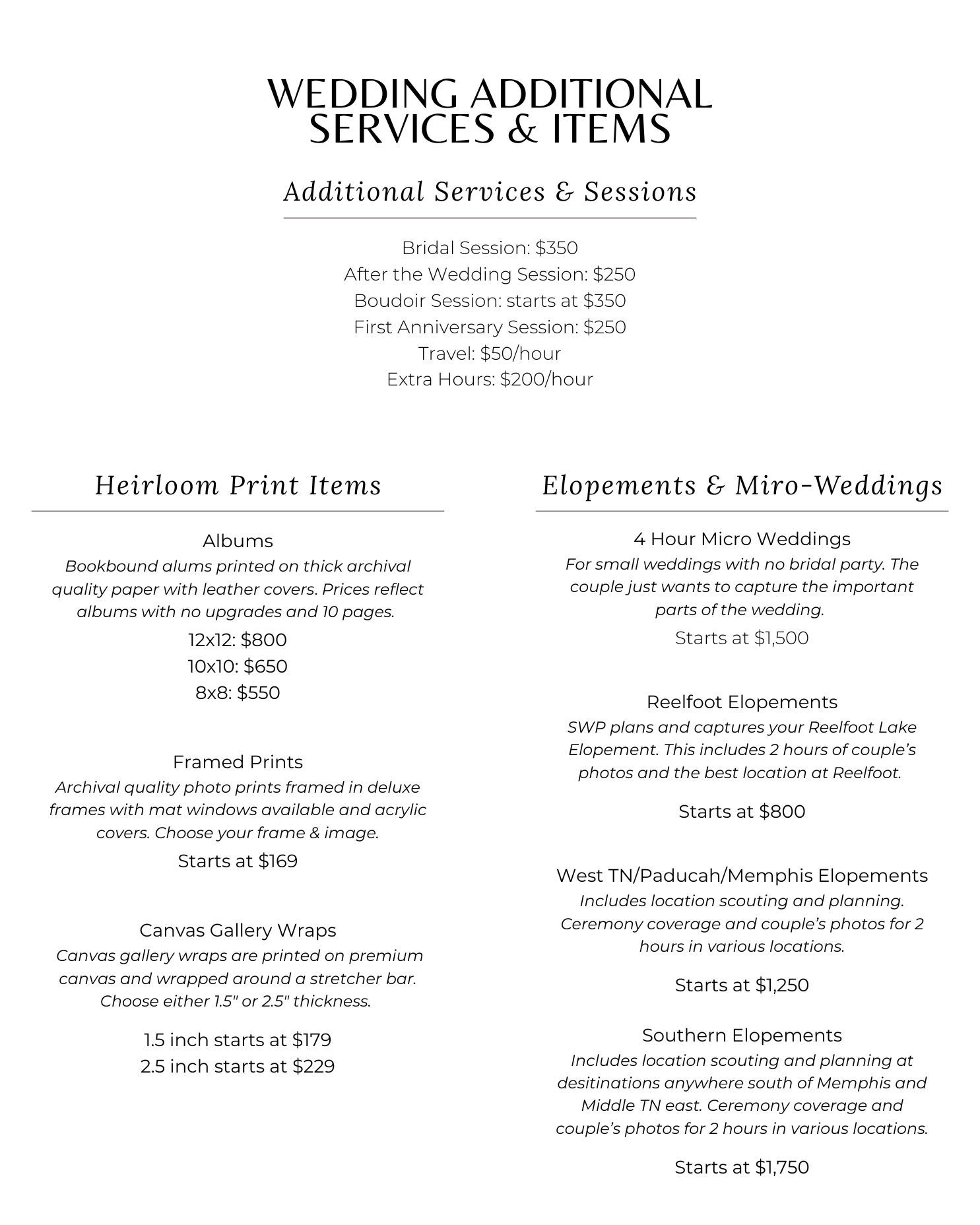 Wedding additional services price list including bridal sessions, heirloom prints, elopements, and miro-wedding packages.