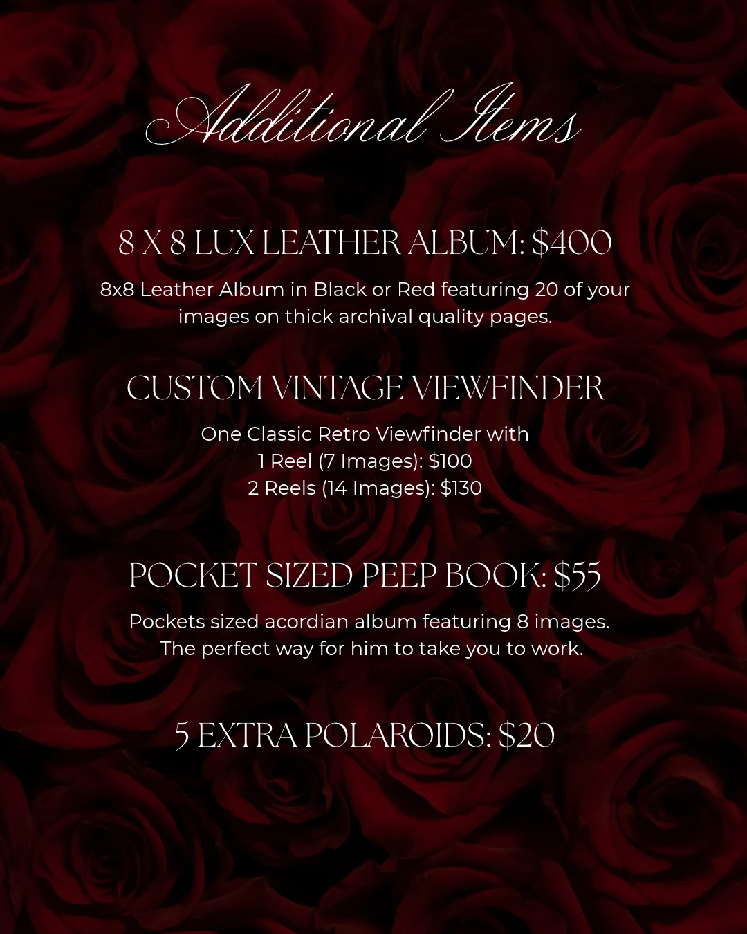 Dark floral photography pricing menu listing luxury album packages, vintage viewfinder, peep book, and Polaroid add-ons.