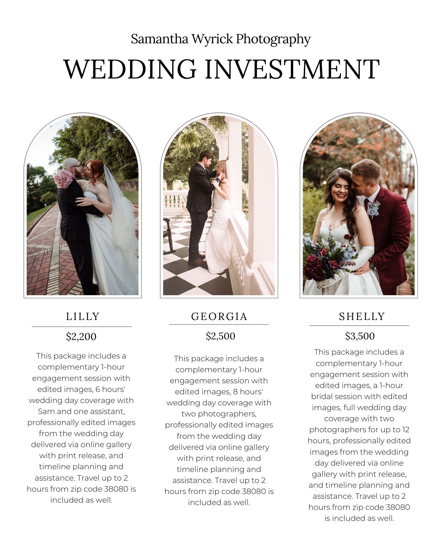 Elegant wedding photography pricing guide featuring three romantic couple photos showcasing engagement and bridal sessions.