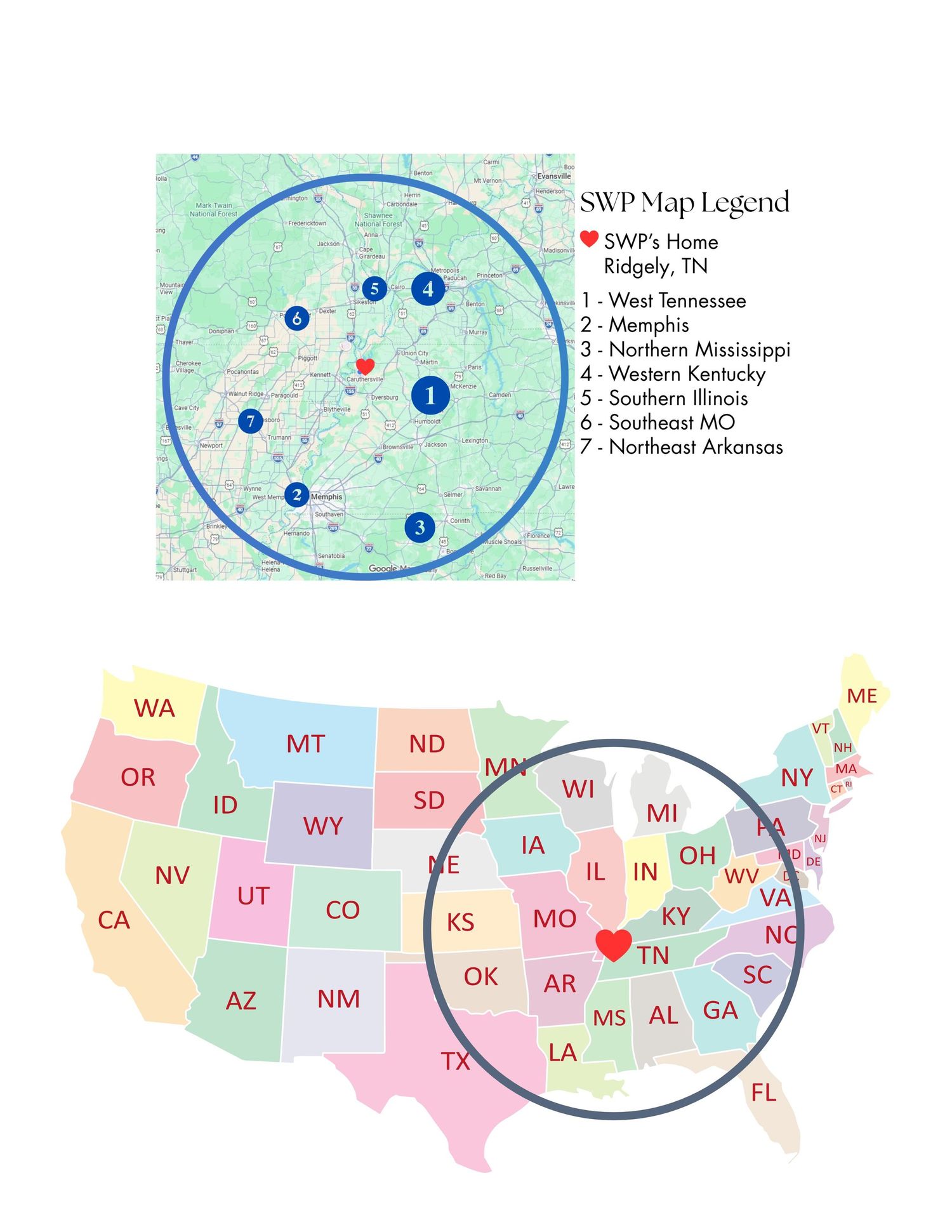 Map showing service coverage areas across United States with color-coded regions and location markers.