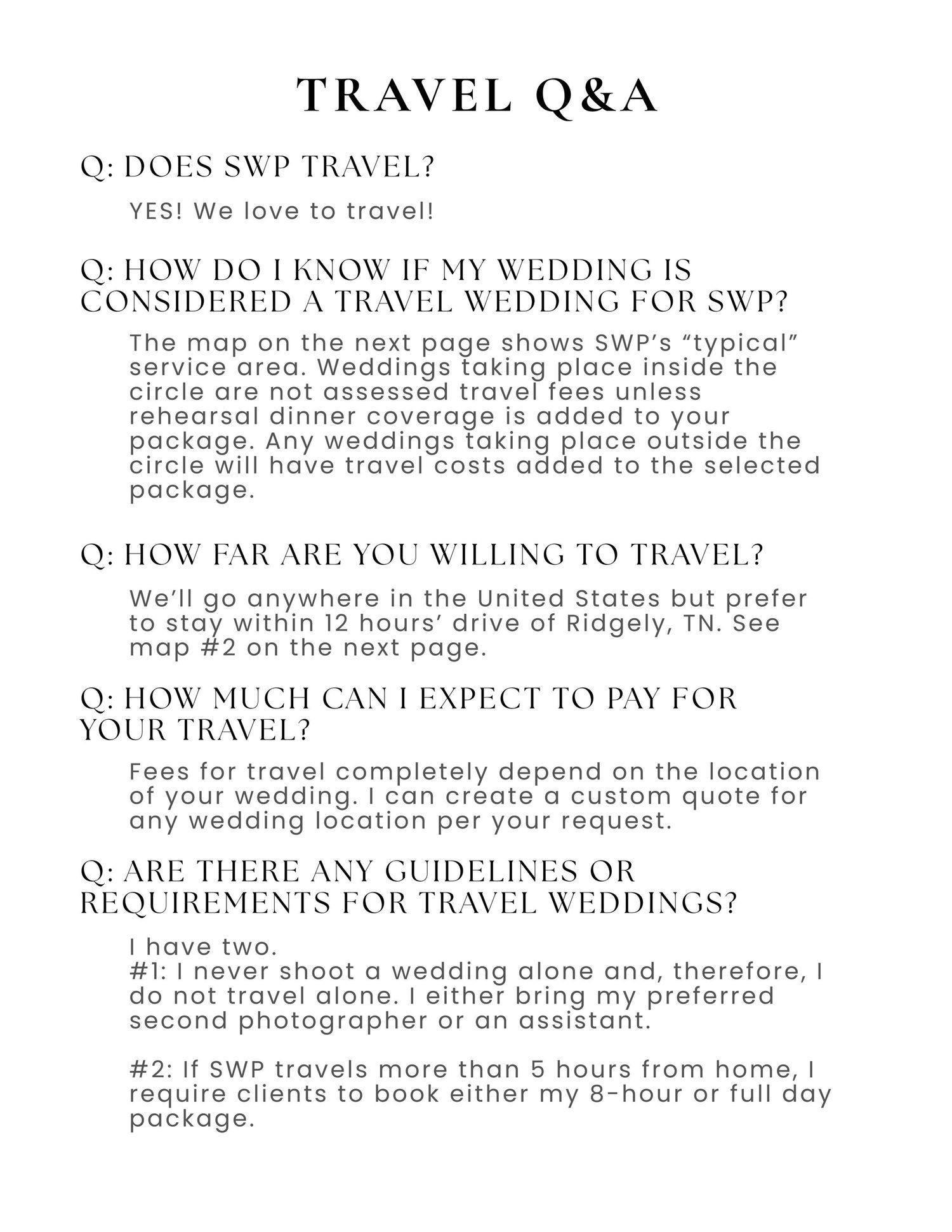Travel Q&A section of a wedding guide with frequently asked questions about destination weddings.