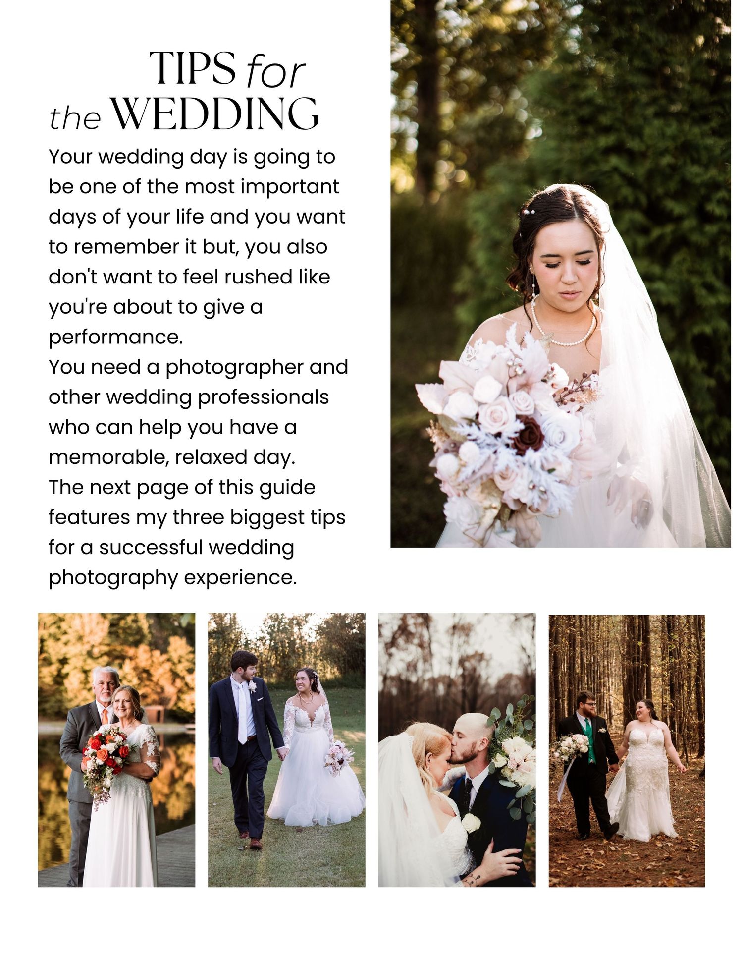 Wedding photography tips guide with multiple outdoor ceremony photos showing couples and floral arrangements.