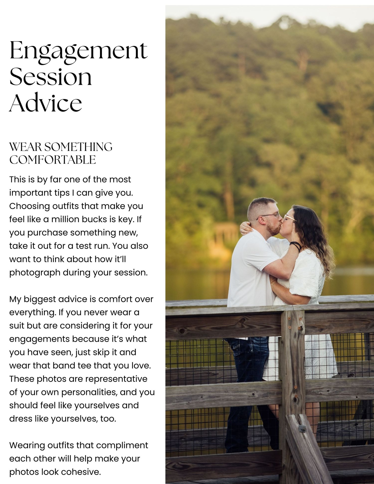 Outdoor engagement photo session guide showing couple portraits and advice about comfortable clothing.
