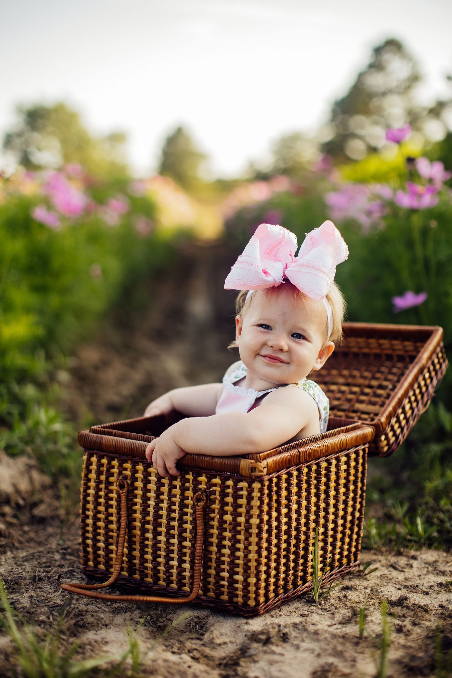 A baby wearing a pink bow lies in a woven wicker basket outdoors surrounded by pink flowers in the garden.
