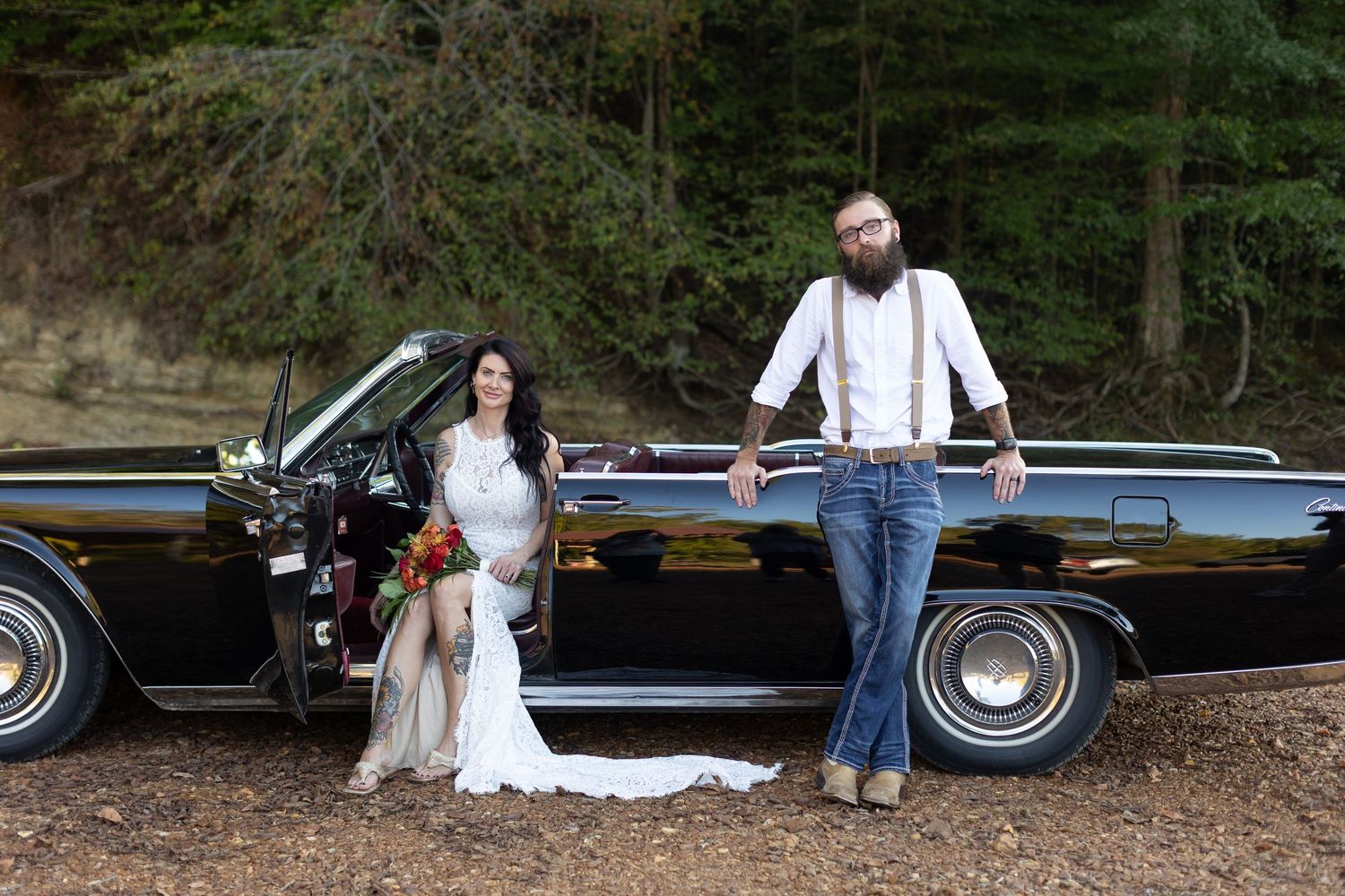 A series of romantic photos showing a couple sitting together on the ground near a vintage black car.