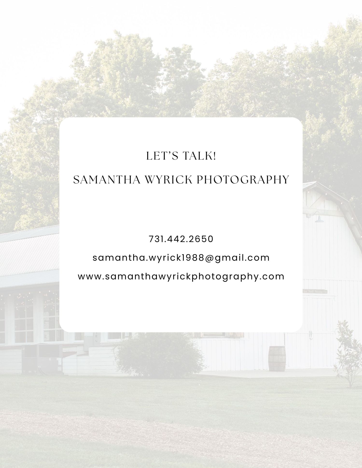 A minimalist business card design for Samantha Wyrick Photography with contact information on a blurred outdoor background.