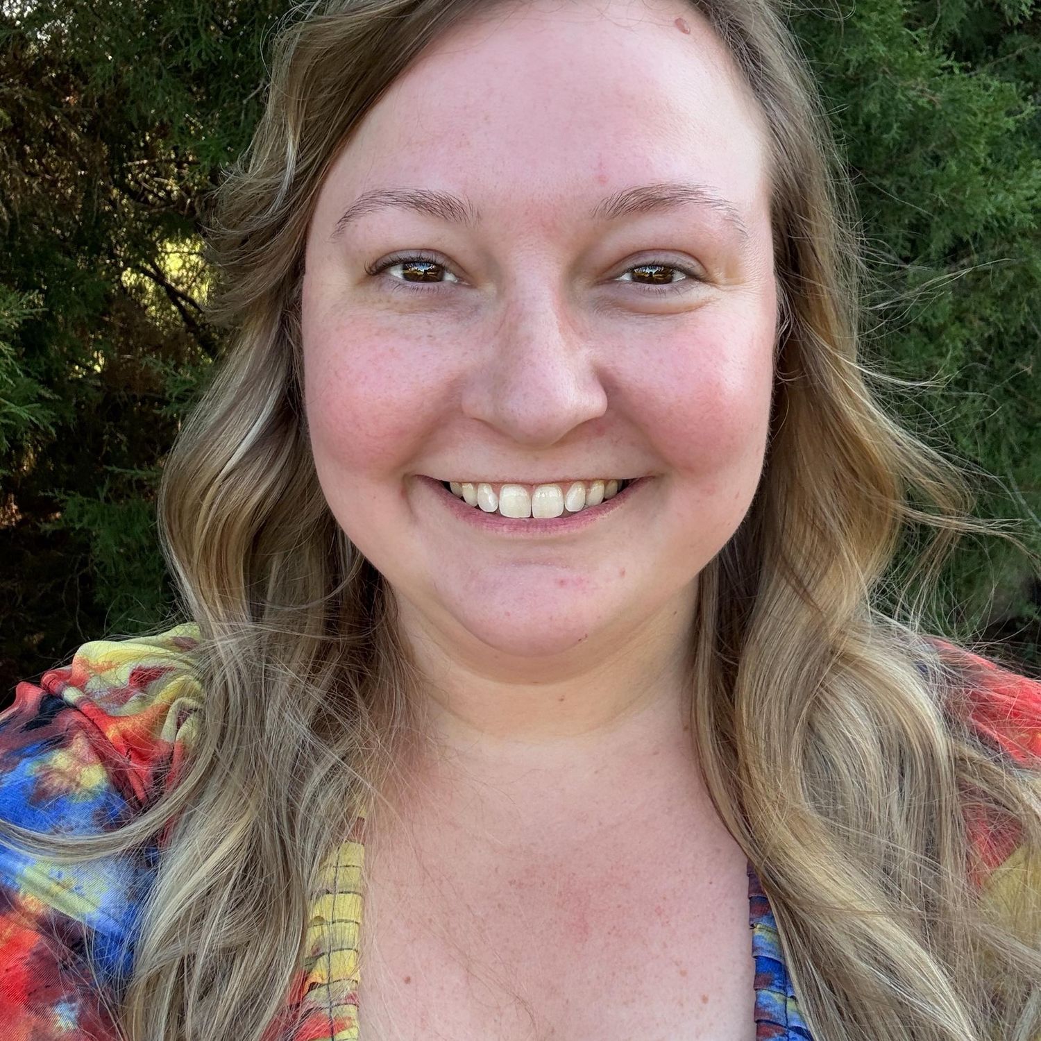 A series of selfie-style portraits showing a person with blonde hair and a bright smile outdoors with greenery in background.