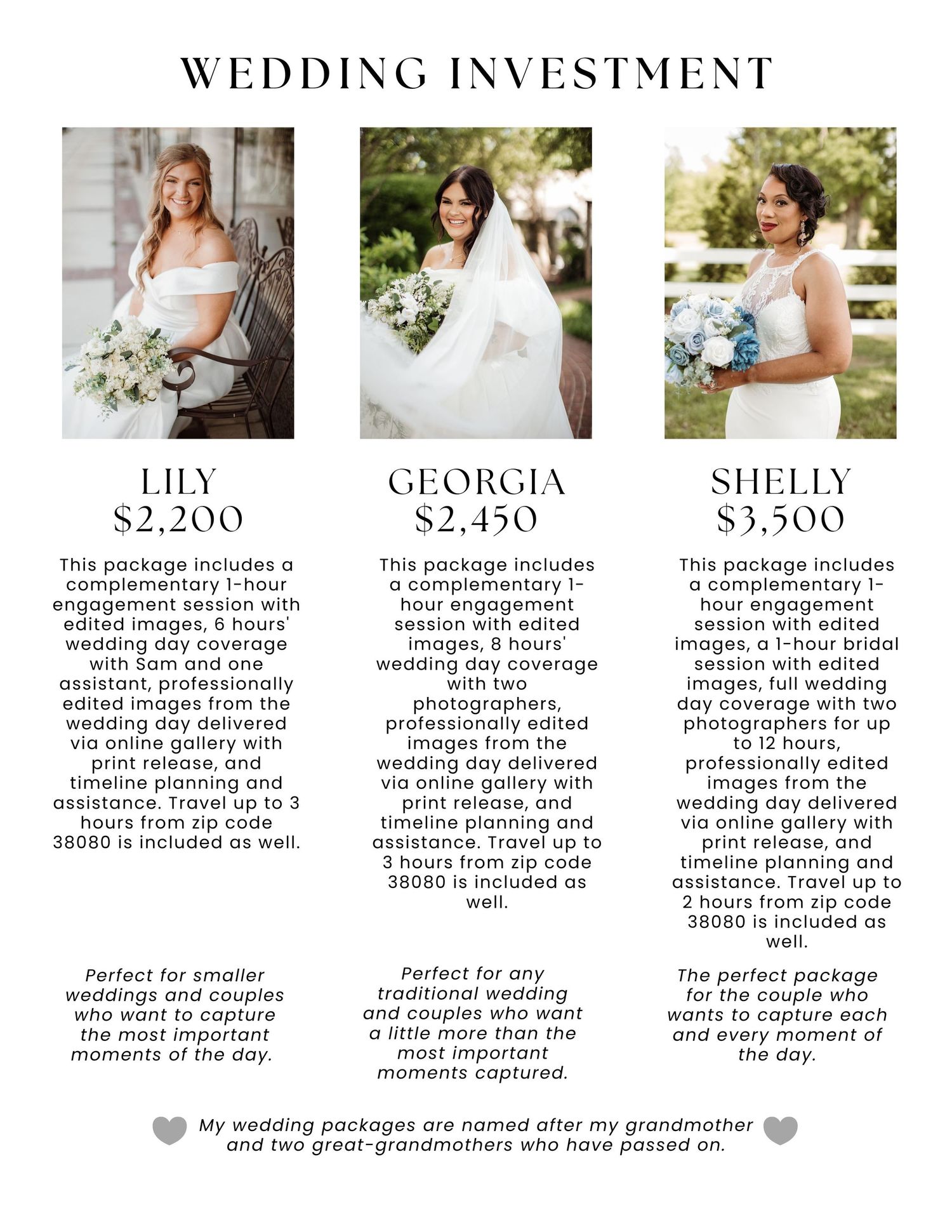 Wedding photography pricing guide showing different packages and investment options with floral decorative elements.