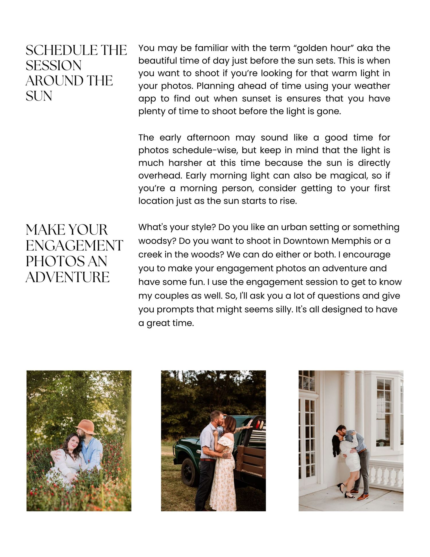 A series of black and white text blocks with engagement photography tips arranged in a magazine-style layout.