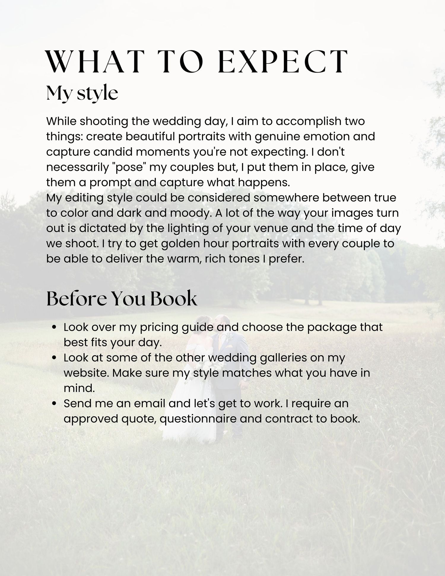 Wedding photography guide page showing 'What to Expect' section with text about photography style and preparation.