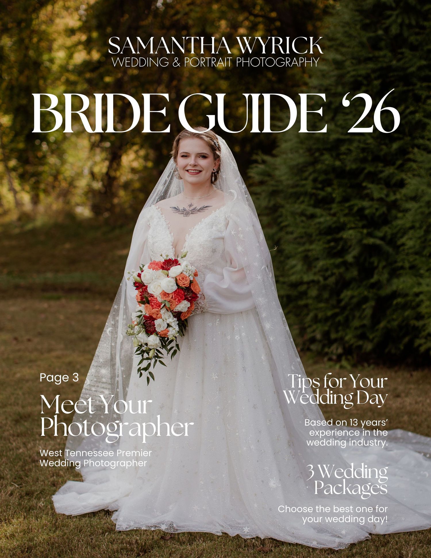 Magazine-style wedding photography guide cover featuring elegant bridal portraits and text overlays in a natural setting.