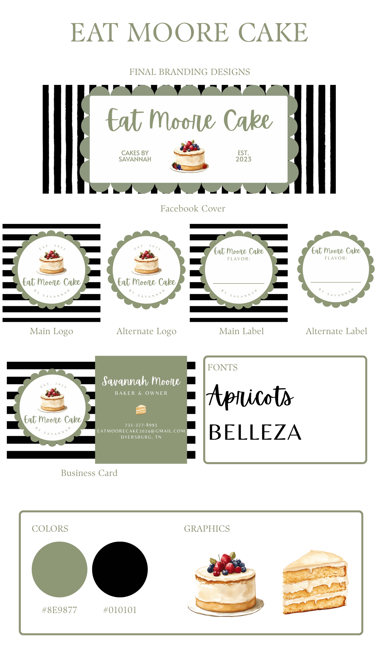 Brand identity design for cake business featuring black and white stripes with sage green accents and cake illustrations.