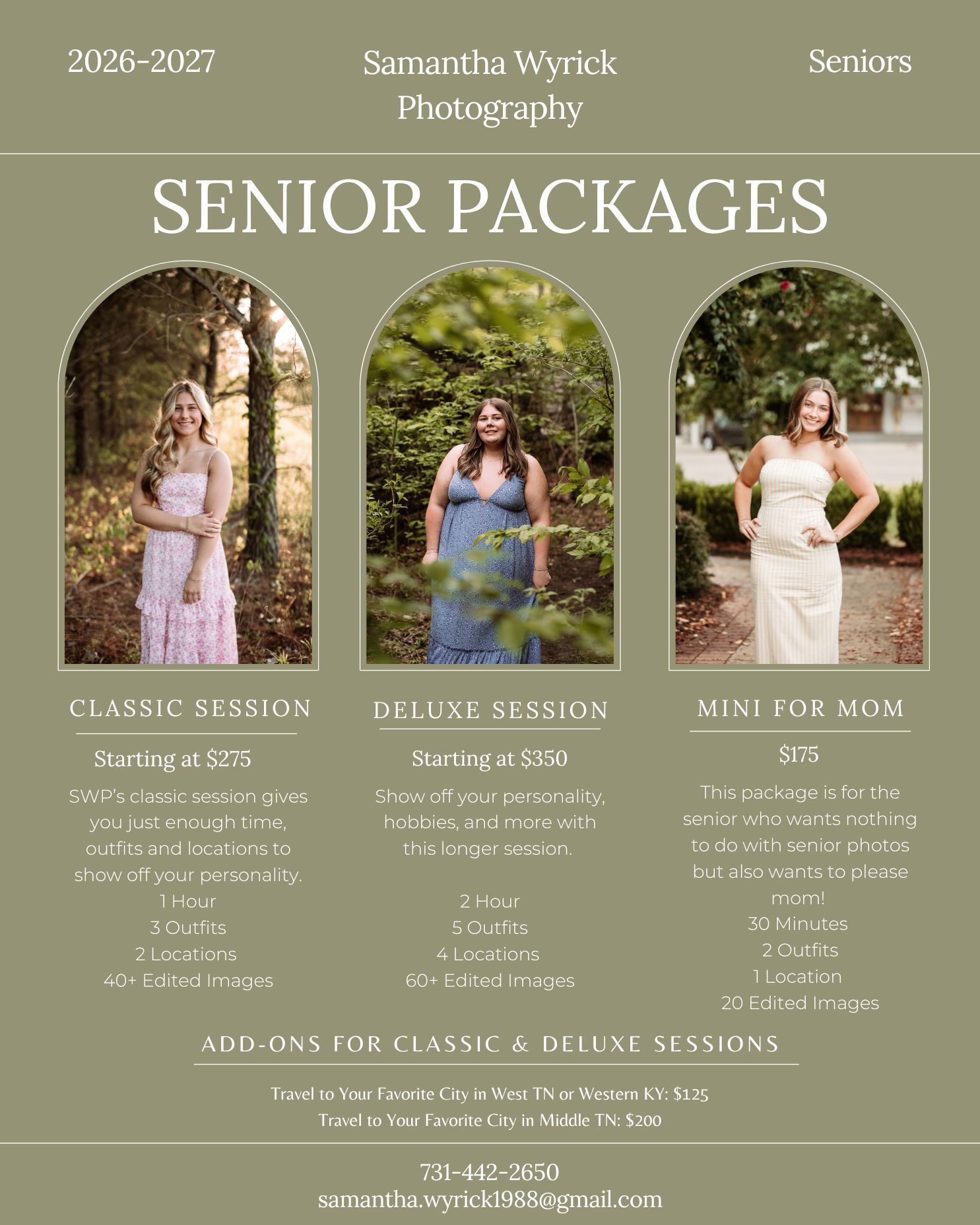 Senior photography packages flyer featuring three elegant outdoor portrait sessions with a young woman in various stylish outfits.