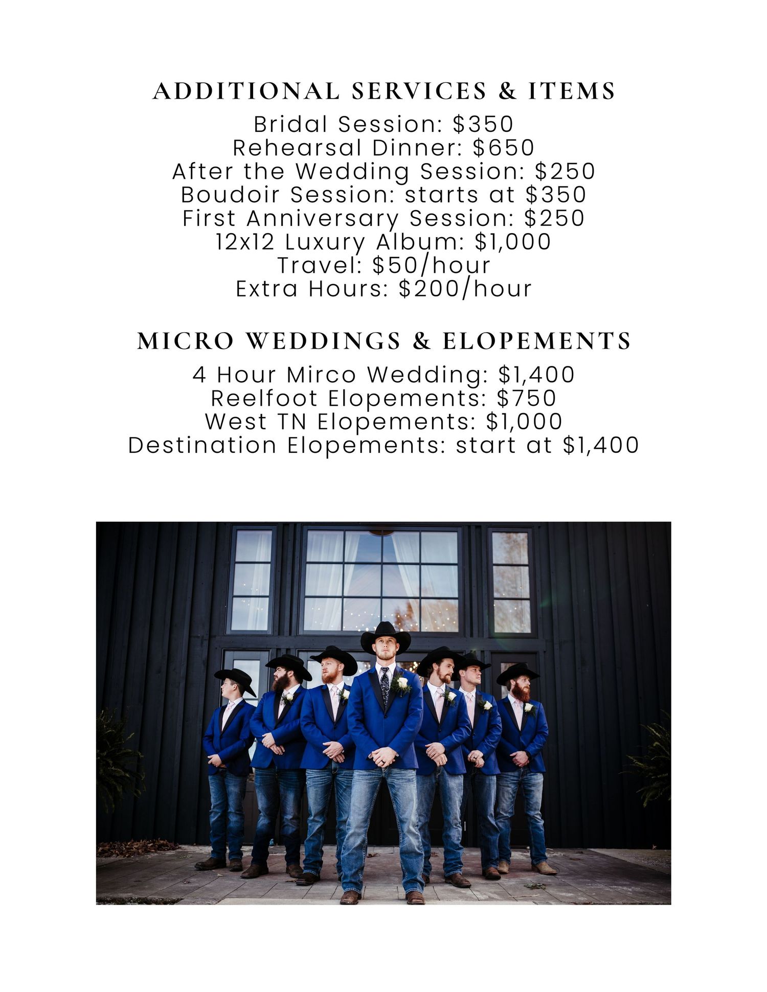 Wedding photography pricing menu displaying packages for micro weddings and elopements with sample photos.
