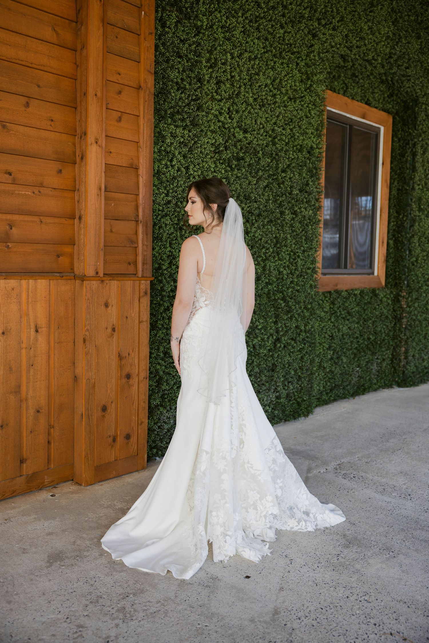 A bride in a flowing white lace wedding gown with cathedral veil poses against a wooden wall with green foliage backdrop.