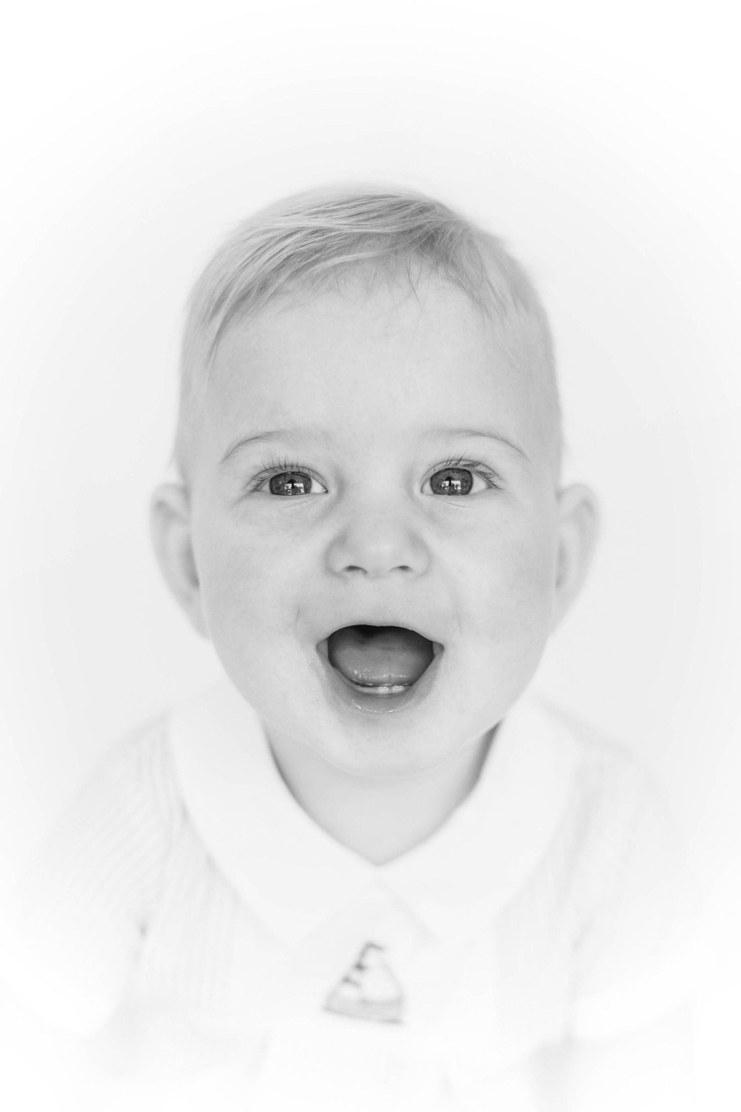 High key portrait series showing joyful expressions and bright smiles against white background.