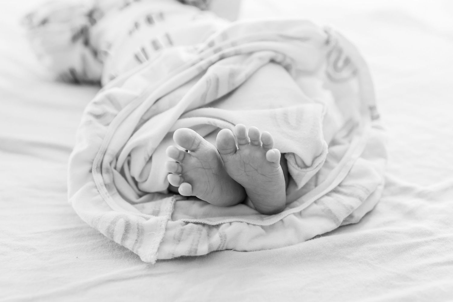 Close-up of tiny newborn baby feet wrapped in soft white fabric.