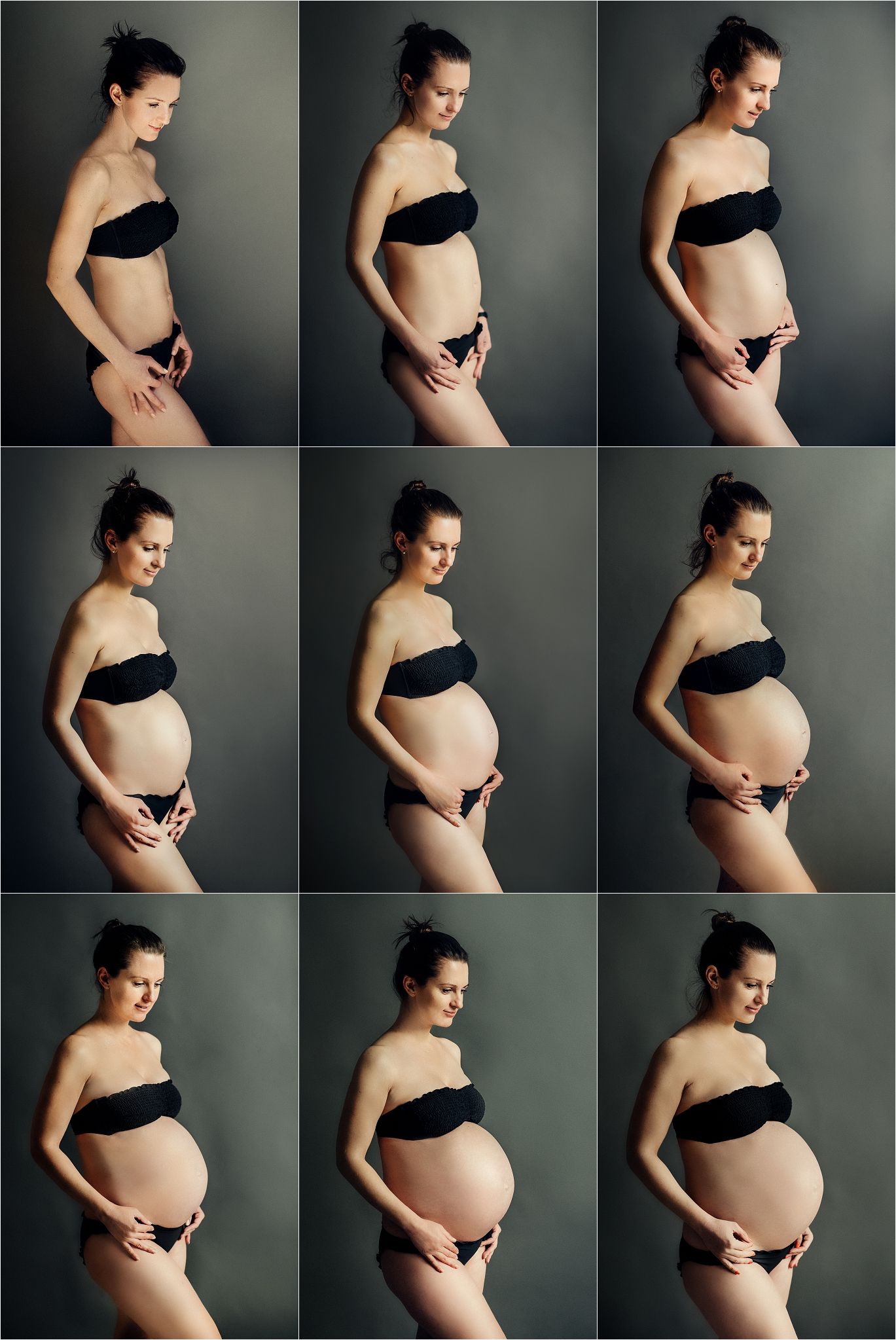 Nine-photo progression showing growing baby bump against dark background.