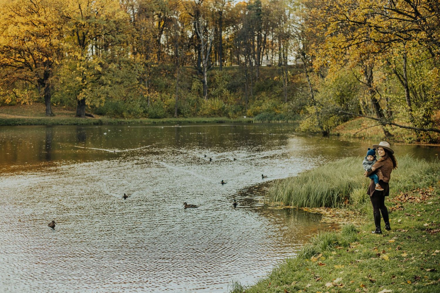 People walking along autumn lakeside with golden foliage overhead.