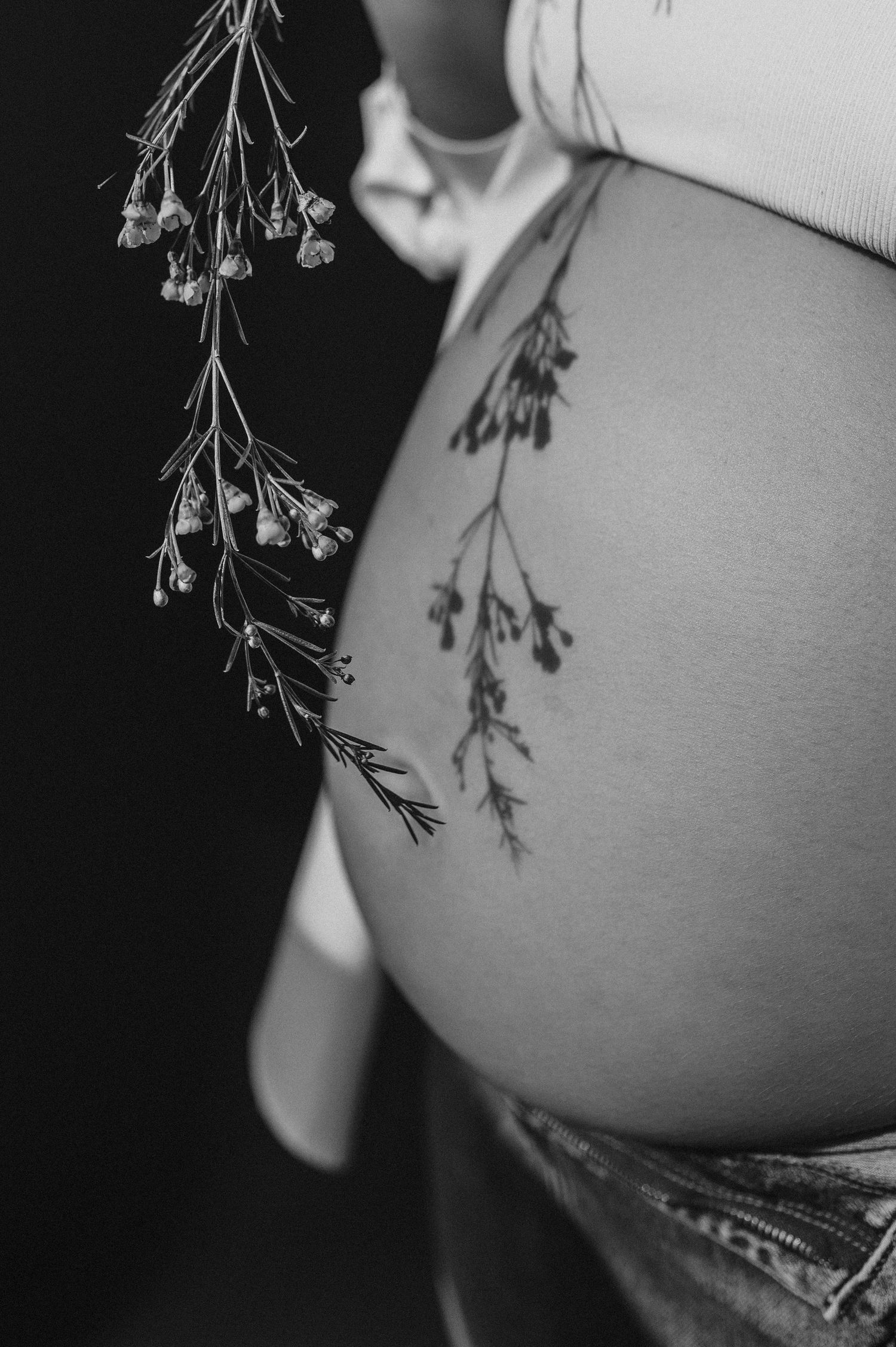 Black and white close-up of a pregnant belly with delicate dried flowers.