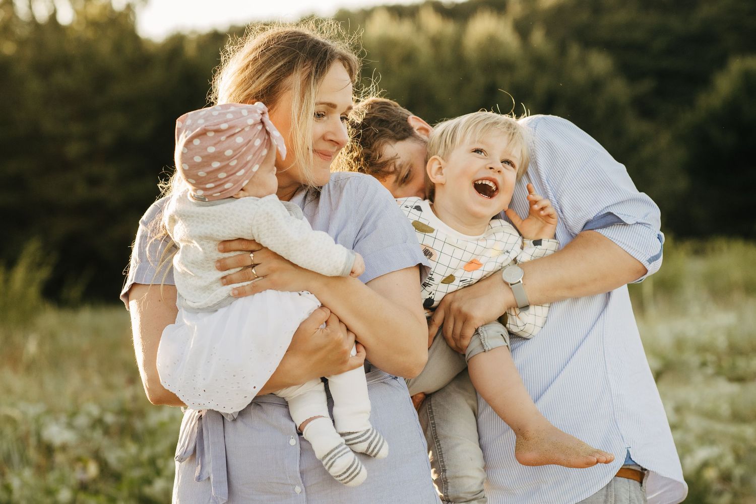 Candid outdoor family photo sequence showing joyful interactions in natural light.