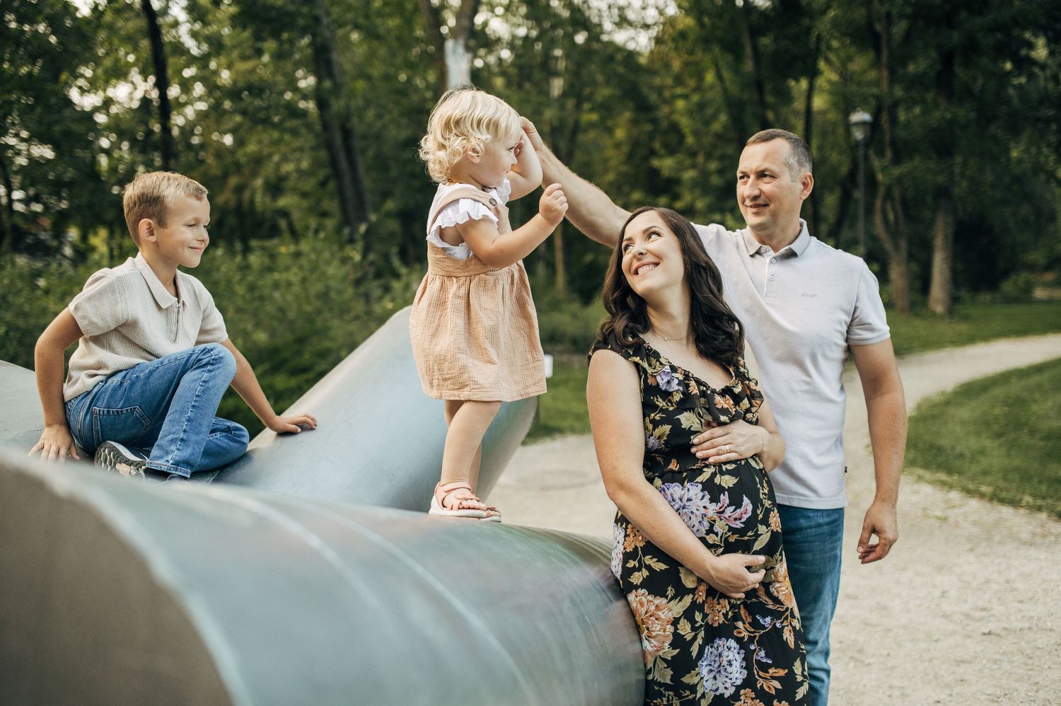 Candid family moments captured in sequence at a park during golden hour.