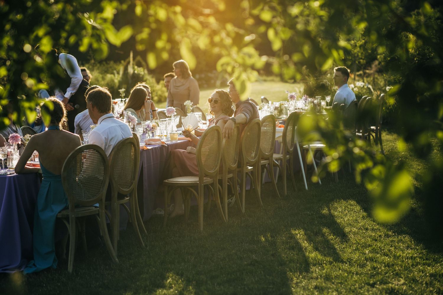 Guests dining at an elegant outdoor long table surrounded by lush green trees in warm golden sunlight.