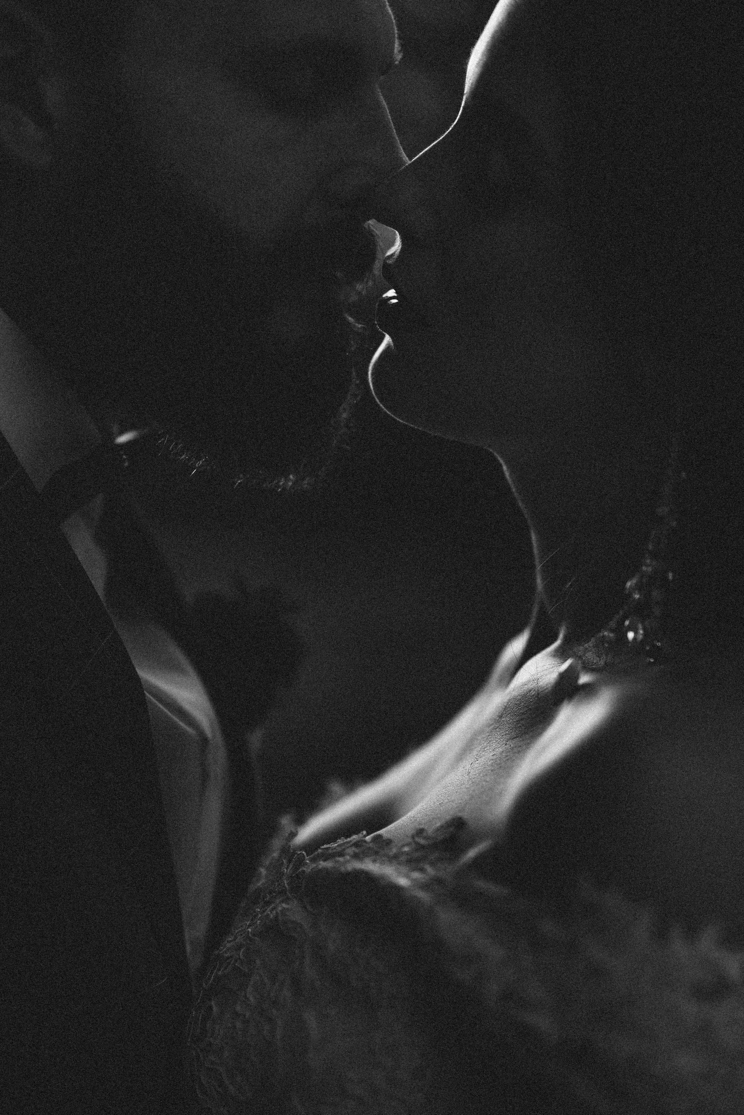Dramatic black and white artistic silhouette with ethereal lighting effects.