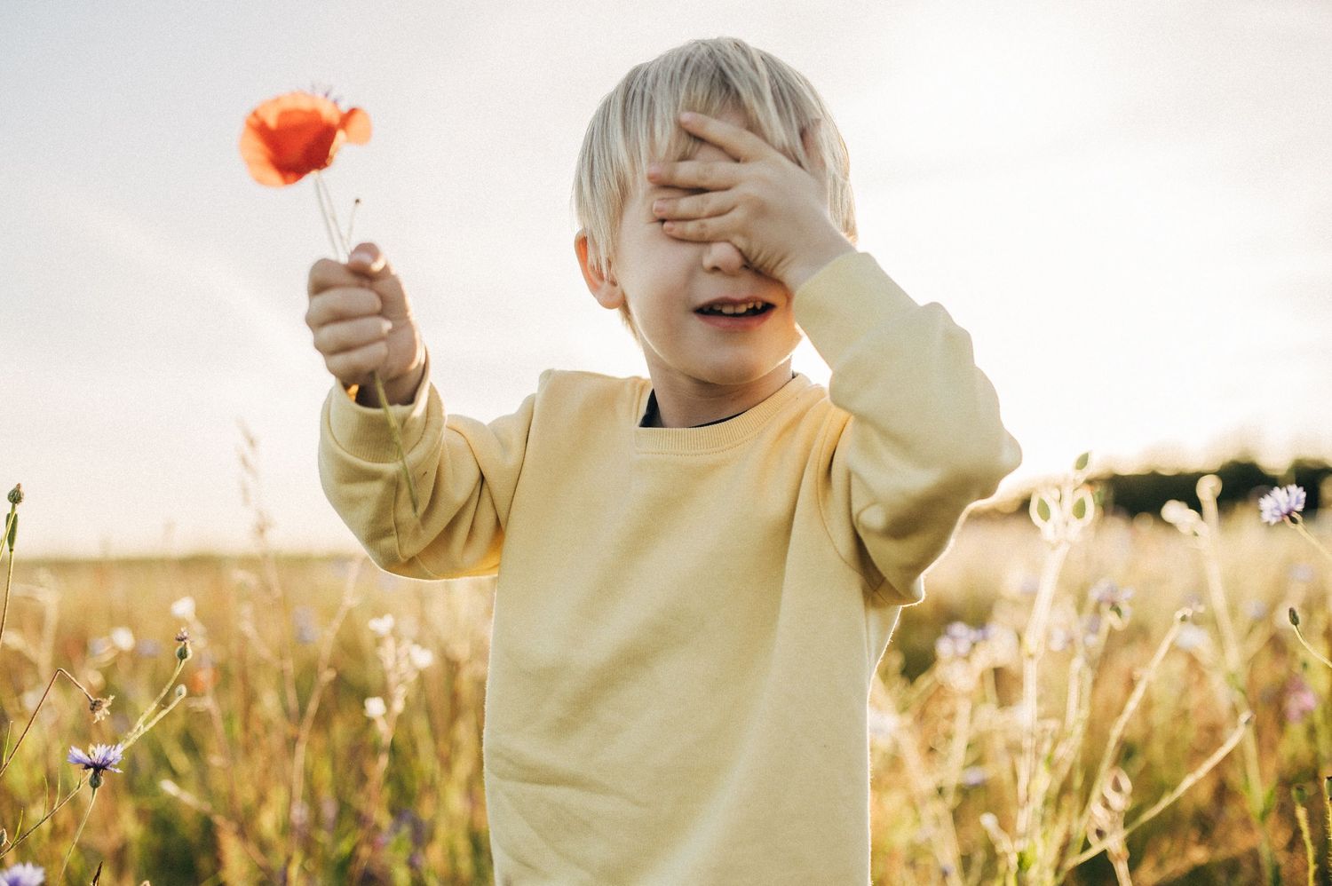 Child in yellow sweater plays joyfully in a sunlit field of tall grass.