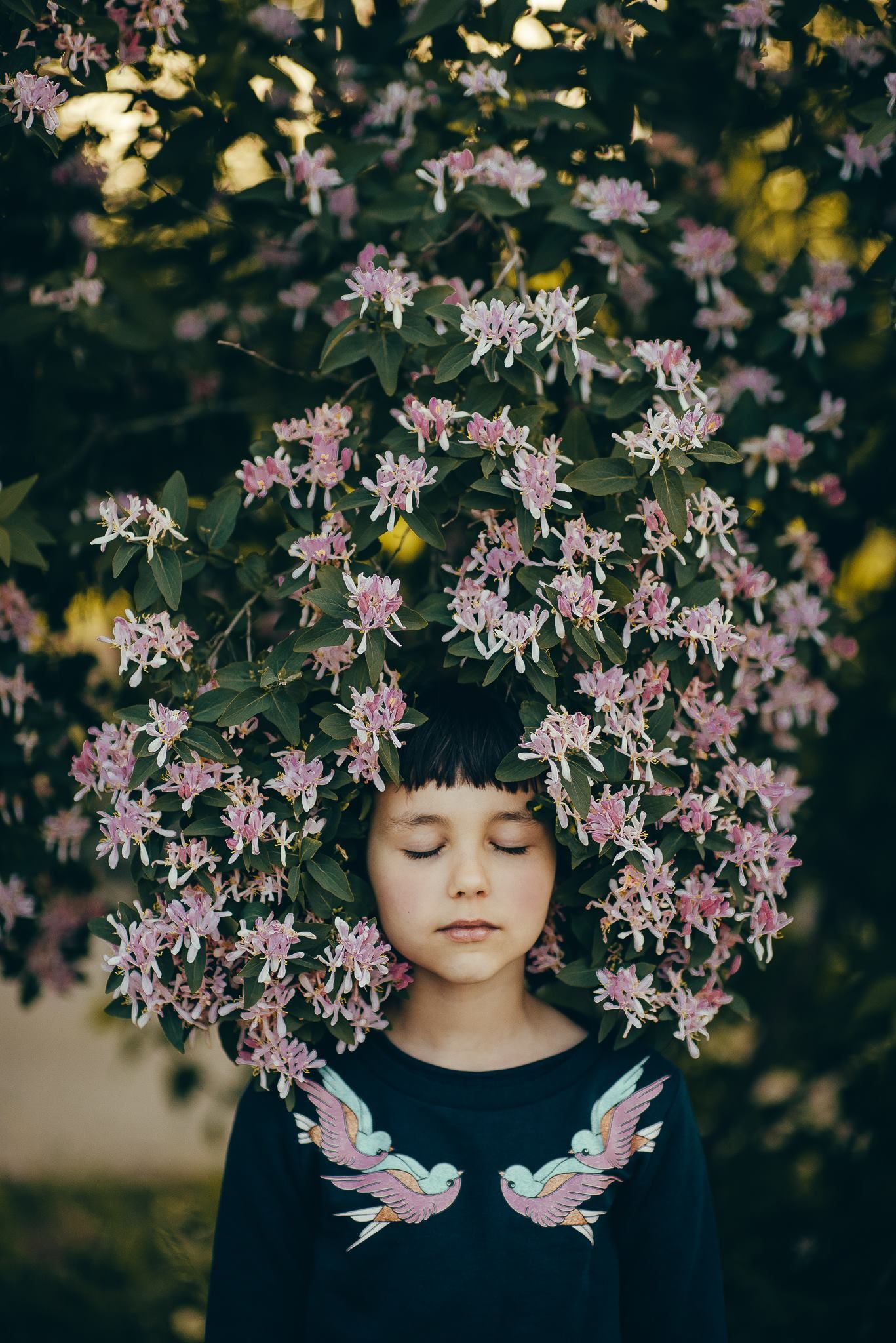 Artistic portrait with delicate pink flowers framing a dark sweater against moody background.
