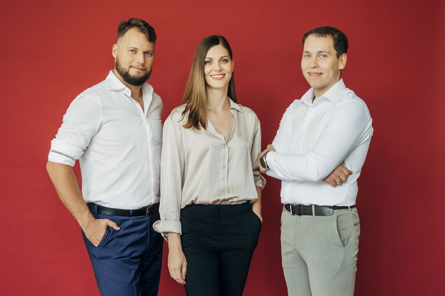 Business casual group portraits arranged in sequence against red background.