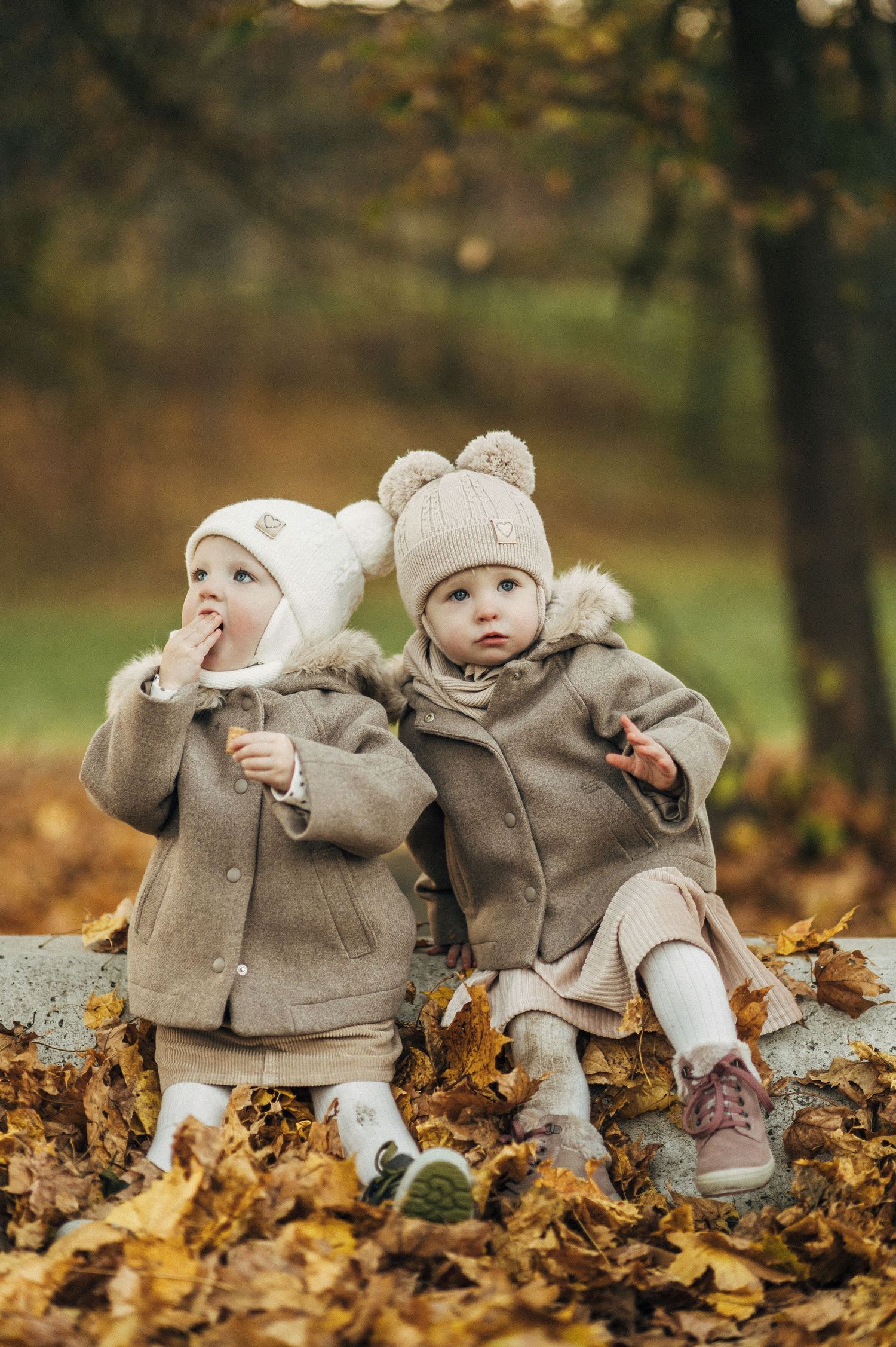 Two small children in matching beige coats and beanies sitting on fallen autumn leaves.