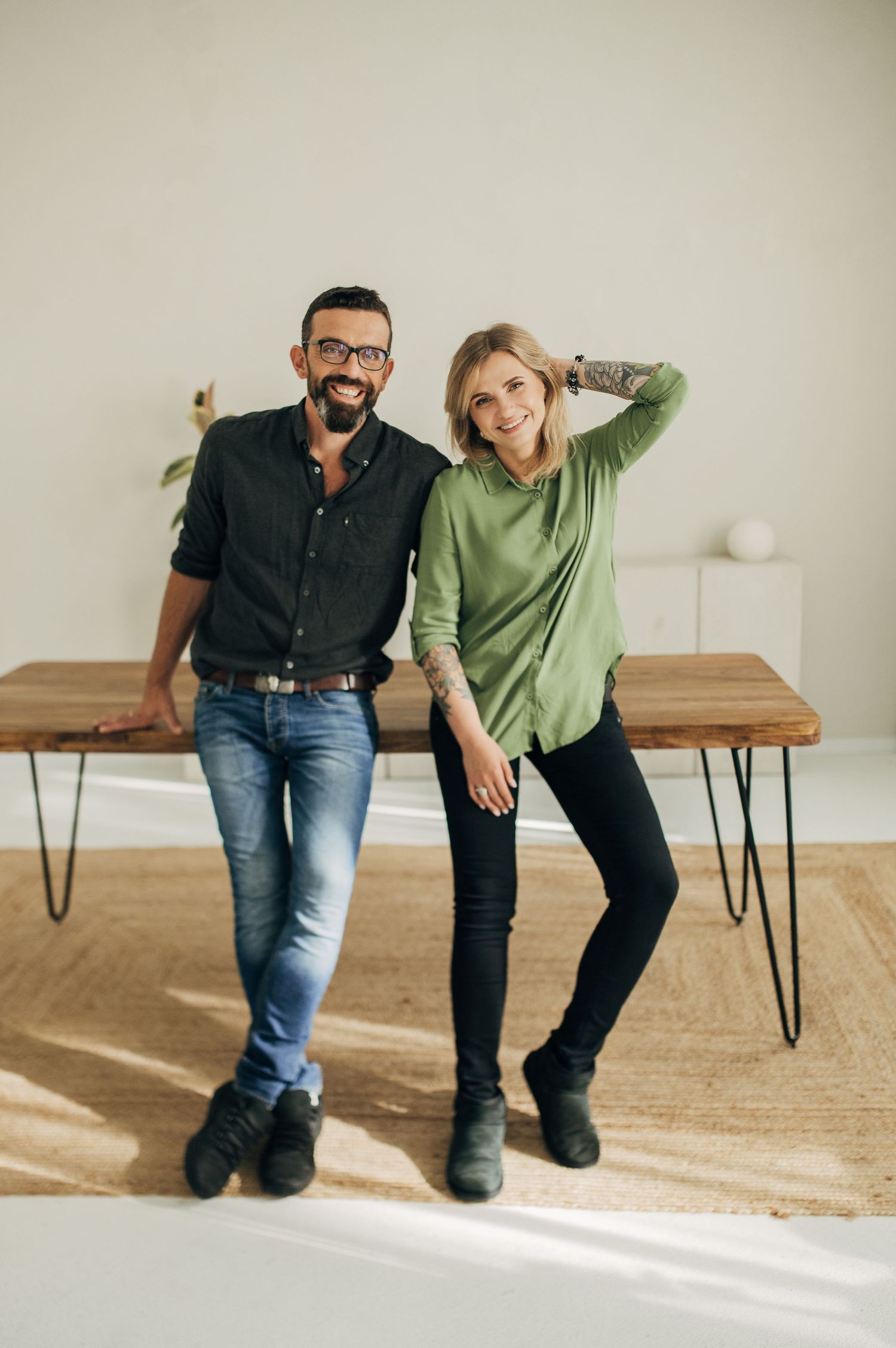 Modern lifestyle photography session with casual outfits and minimal home decor.
