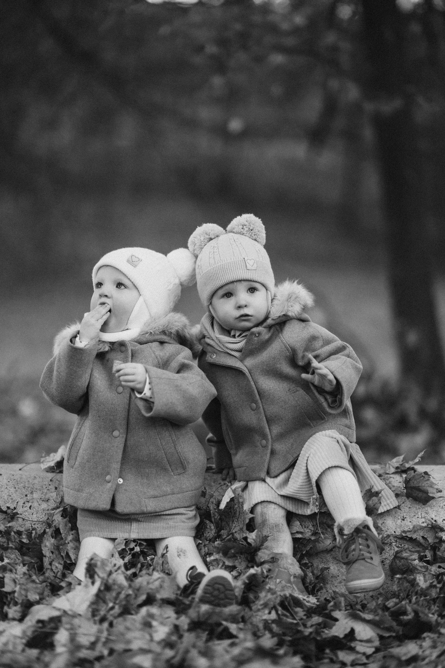 Two small babies in winter clothing playing in fallen autumn leaves.