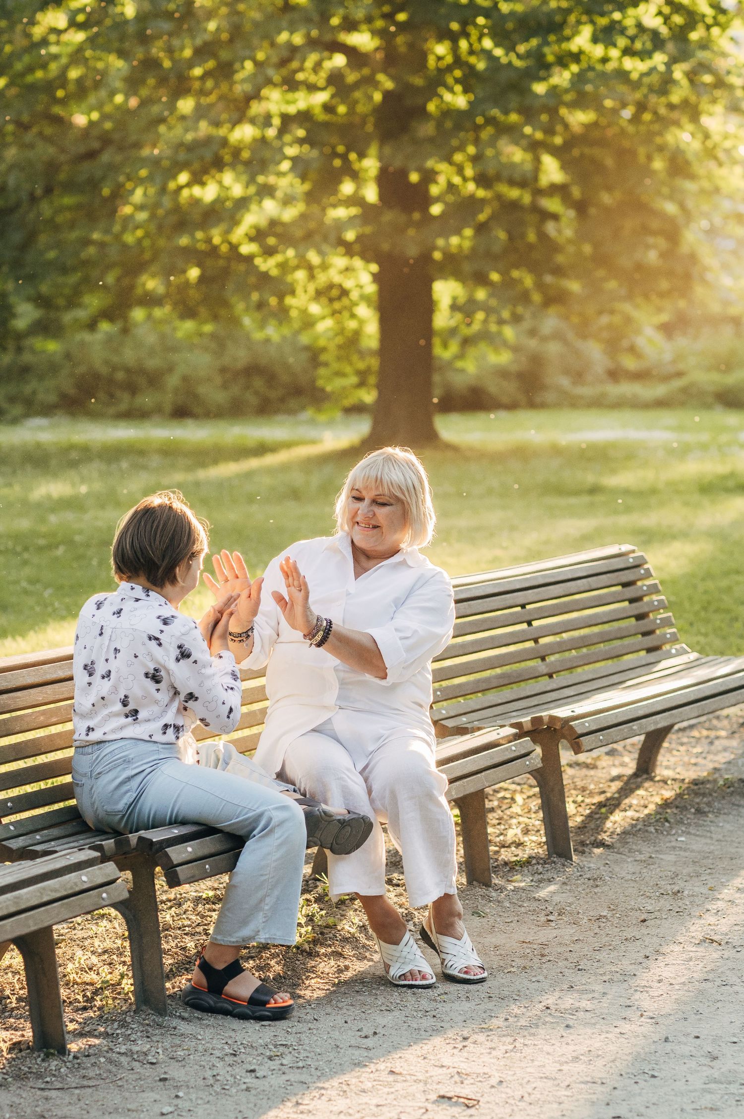 Family gathering on park benches during golden hour with sunlight streaming through trees.