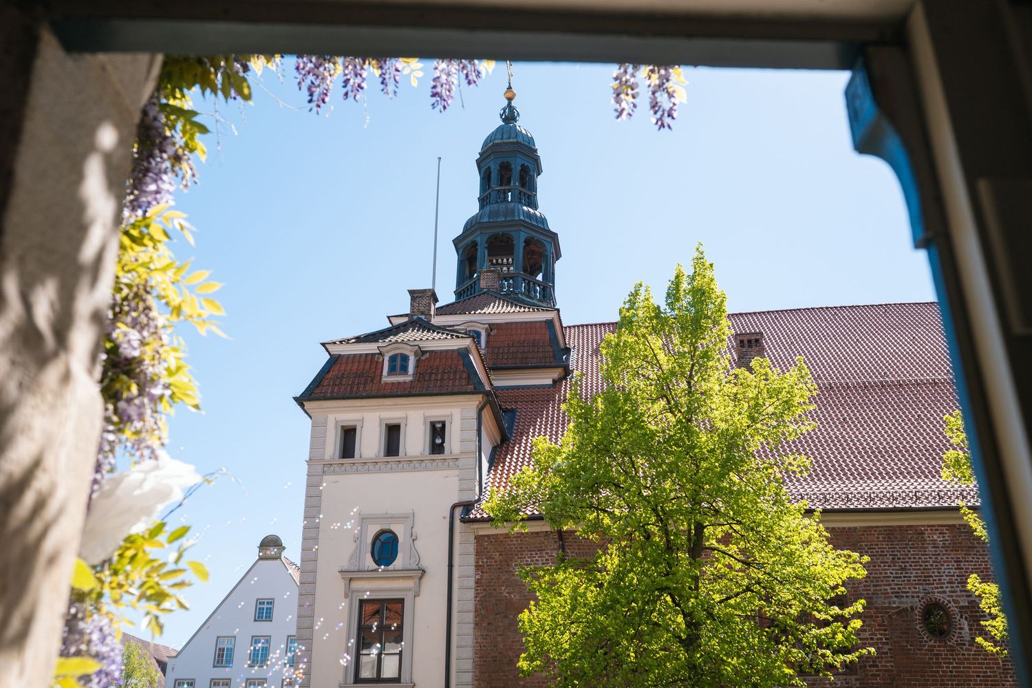 View through a window of a historic church tower with a blue spire, framed by wisteria and green trees.