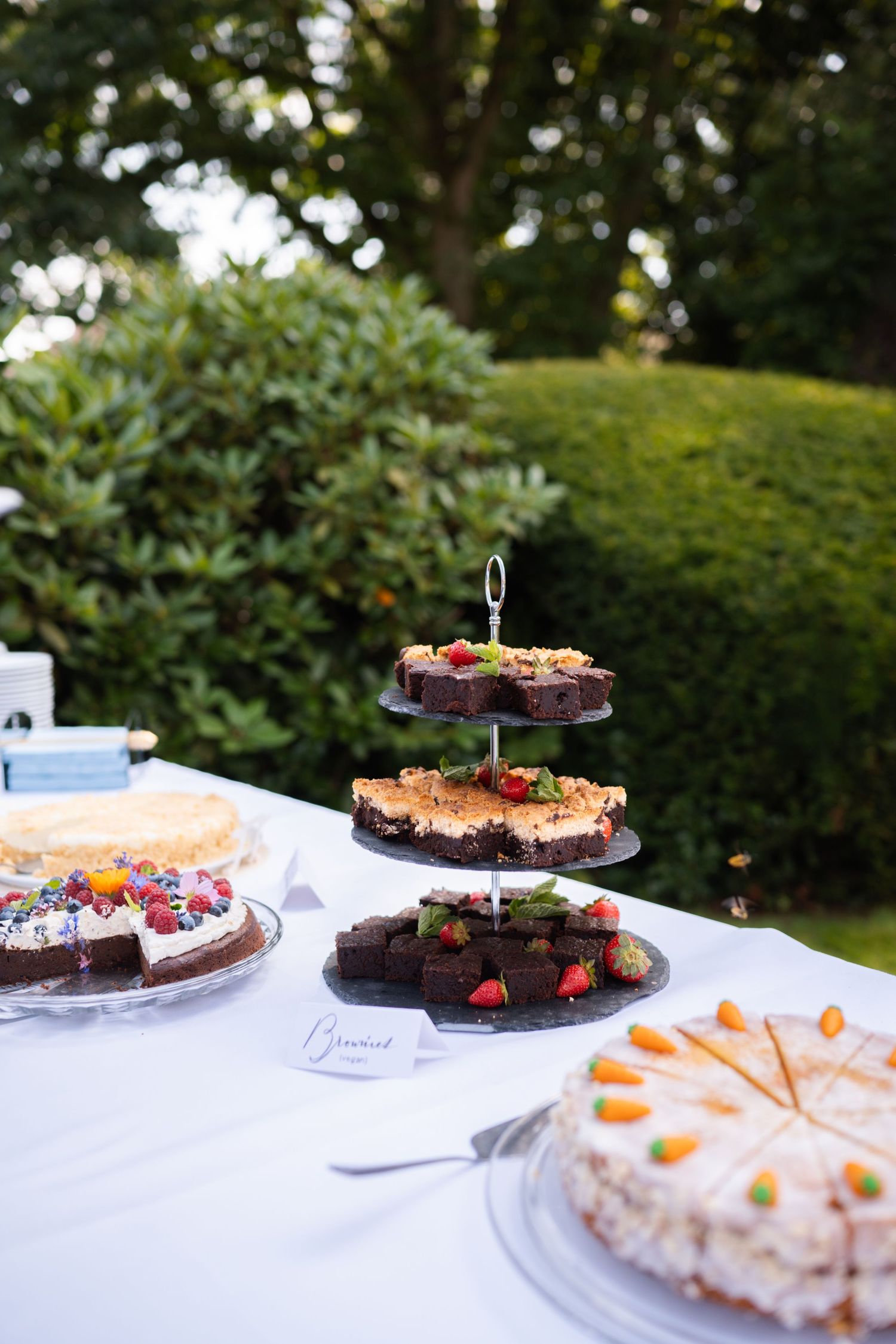 A dessert table at an outdoor event displays an elegant arrangement of brownies and cakes on tiered platters.