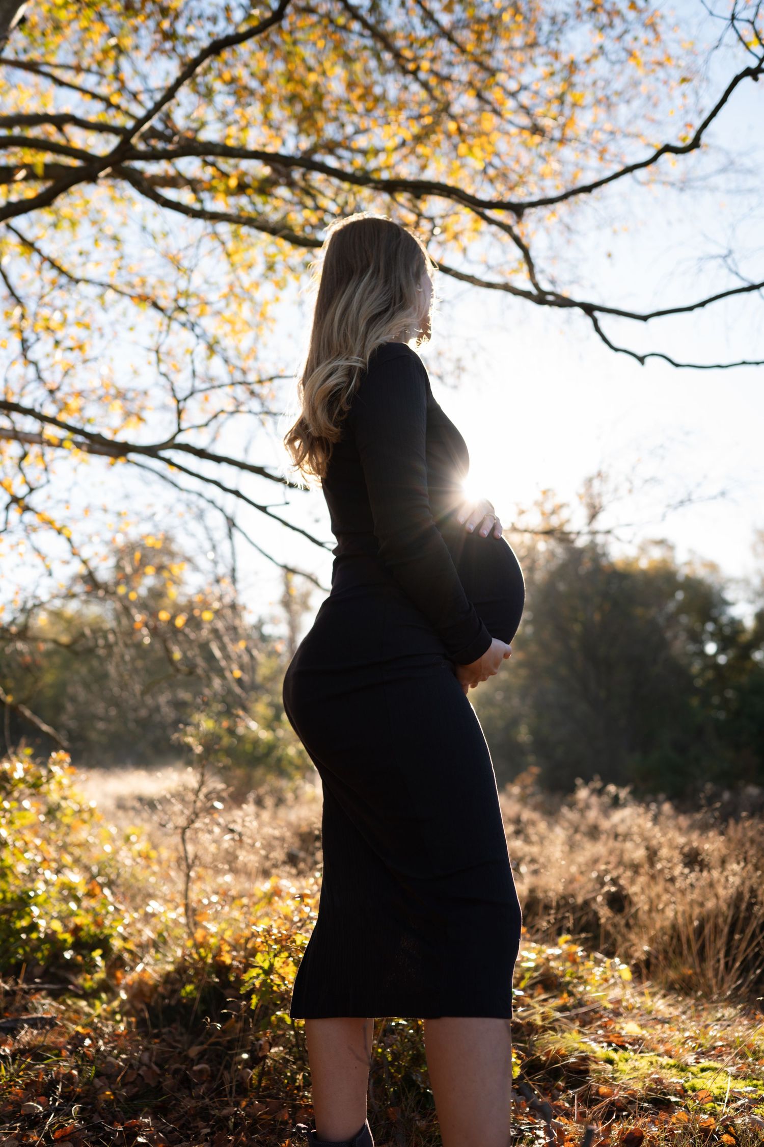 A silhouette stands in golden autumn sunlight with trees and fallen leaves creating a dreamy outdoor scene.