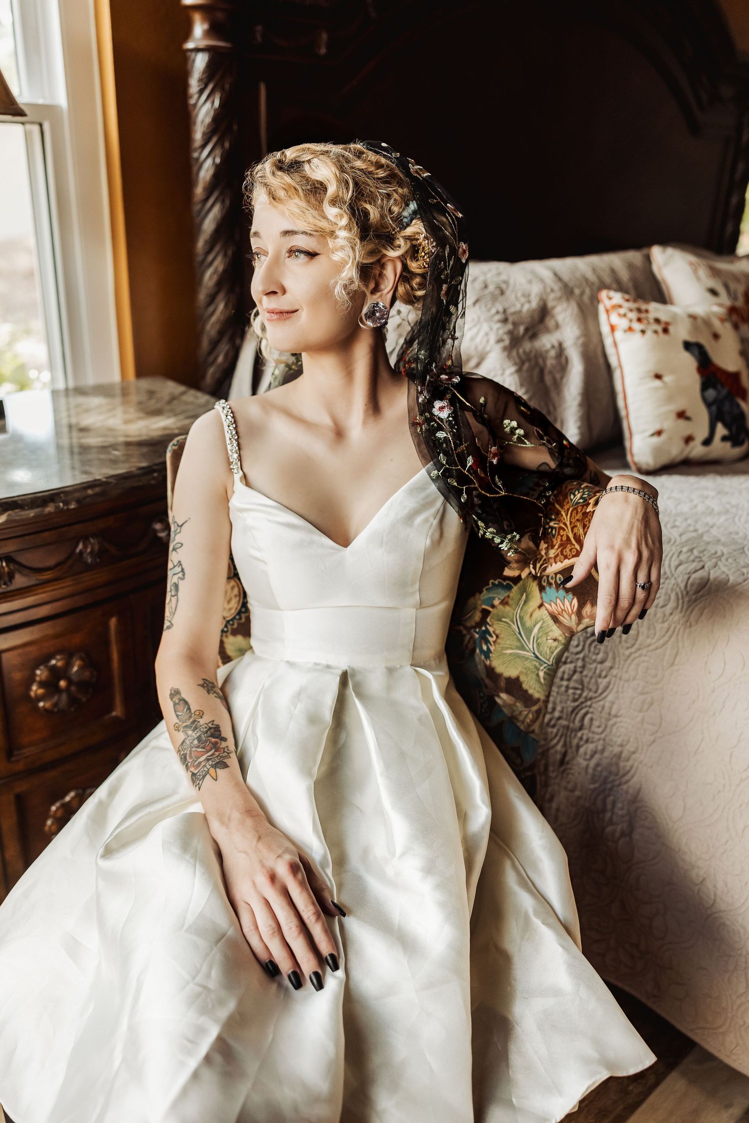 A series of elegant bridal portraits showing a white wedding dress against an indoor backdrop.