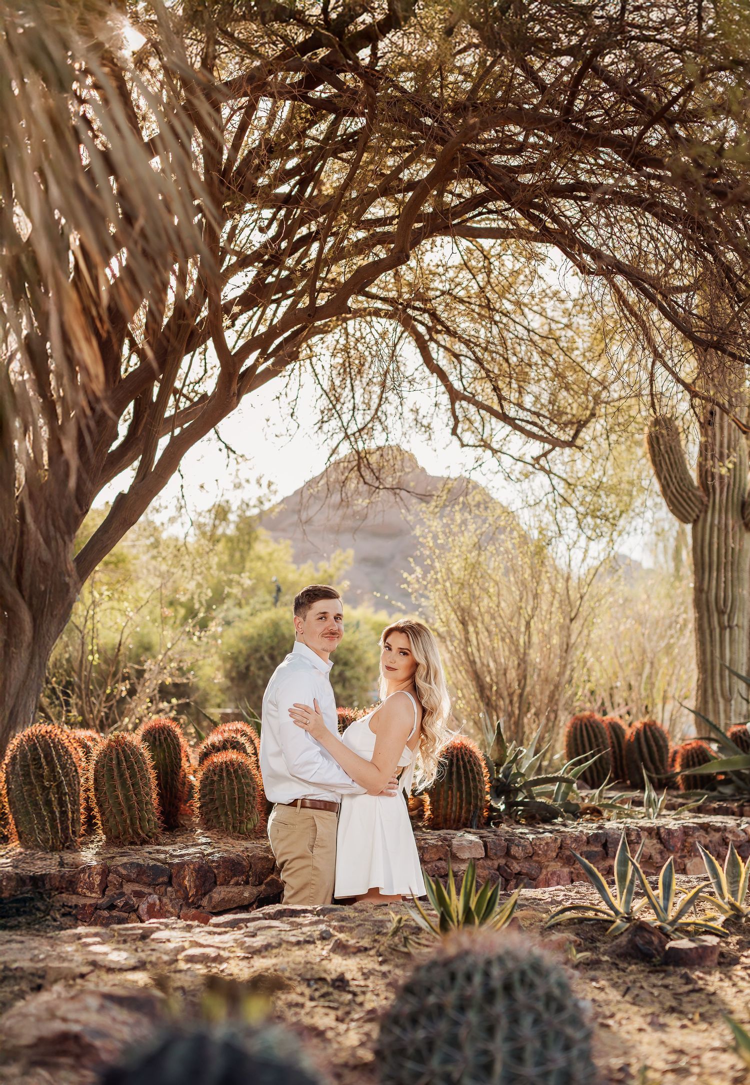 Romantic couple shares an intimate moment in a desert garden landscape with tall trees and cacti in the background.