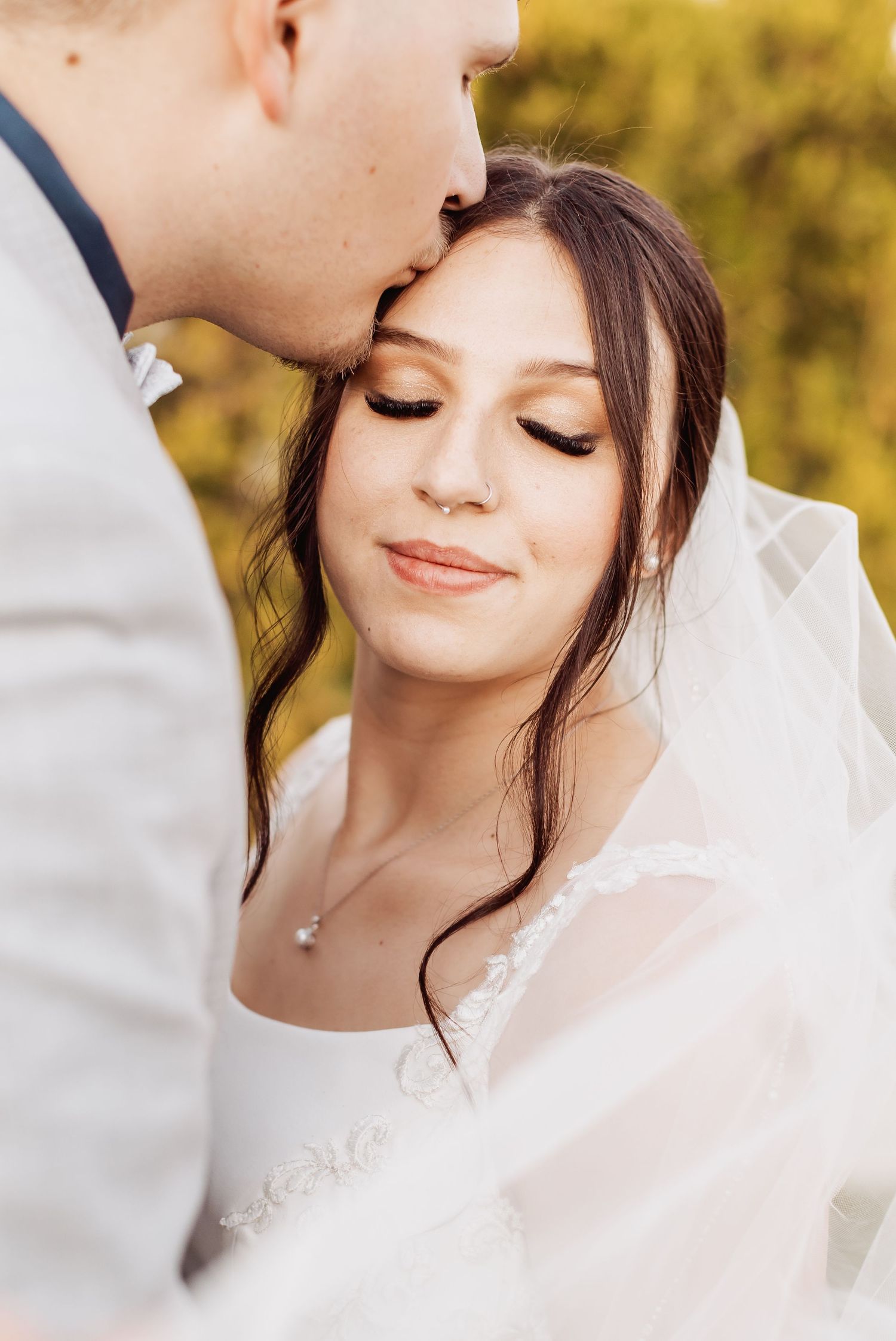A romantic wedding portrait series showing intimate close-up moments between newlyweds in a sunlit outdoor setting.