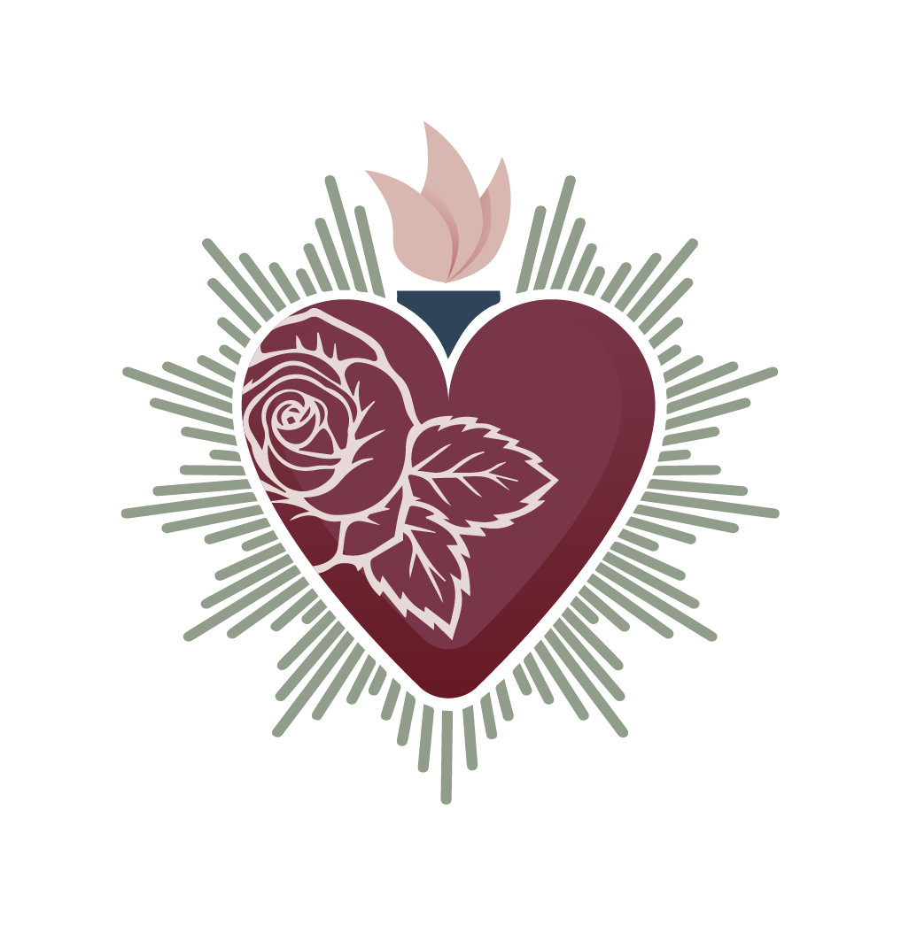 Decorative heart designs with roses in burgundy and sage green create a romantic vintage pattern.