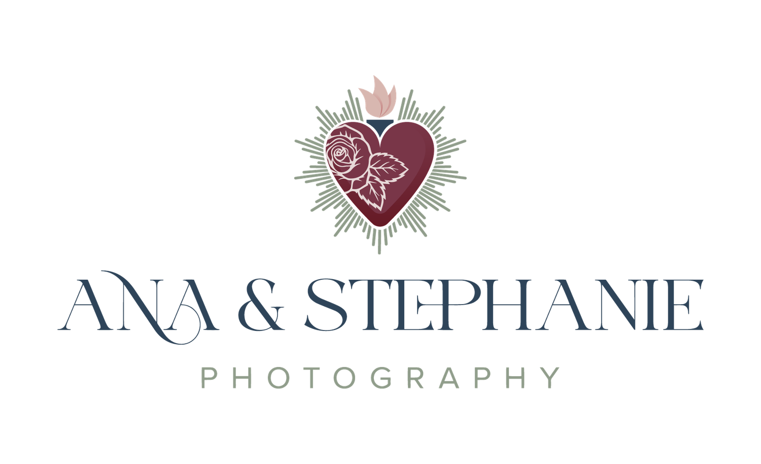 A stylish wedding photography logo design featuring a heart emblem and elegant typography in muted colors.