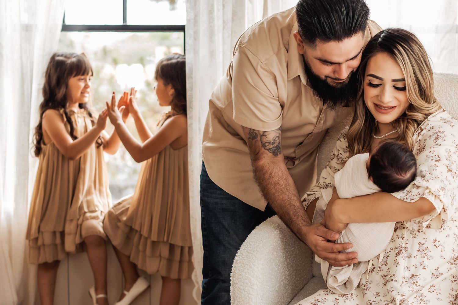 Two side-by-side images capture sweet family moments - young girls in flowy dresses and a tender nursery scene.