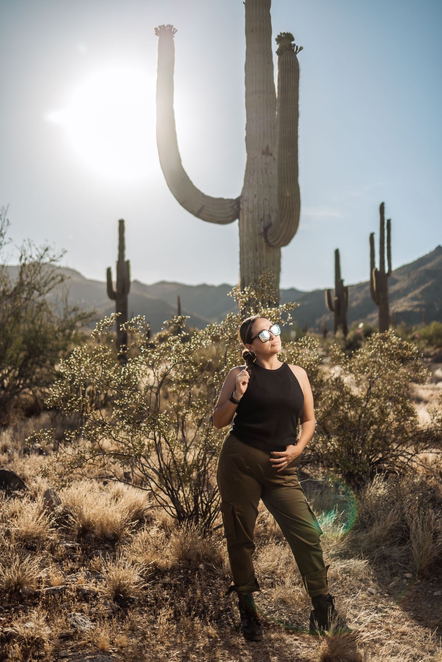 A scenic desert landscape with tall saguaro cactus in Saguaro National Park during golden hour with shrubs and mountains.