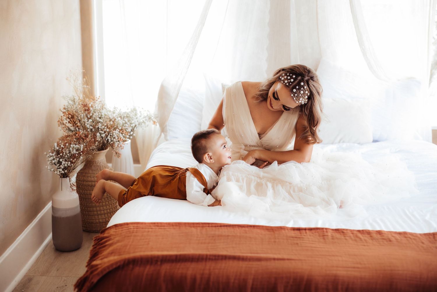 A series of neutral-toned bedroom lifestyle images with warm bedding, natural light, and cozy decor elements.