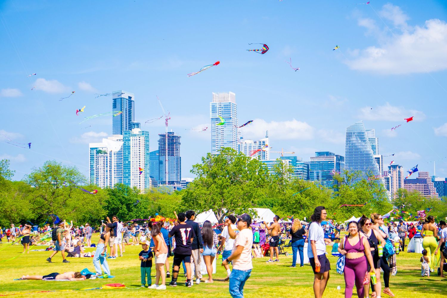Large crowd gathering at a park with city skyline and kites flying in background.