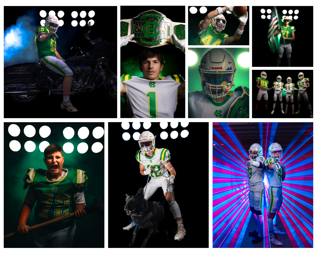 Central Hinds Academy football player media day photo collage featuring dramatic lighting and uniforms.