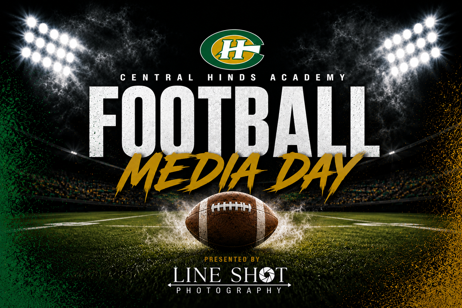 Central Hinds Academy Football Media Day wide graphic with green and gold theme by Line Shot Photography.
