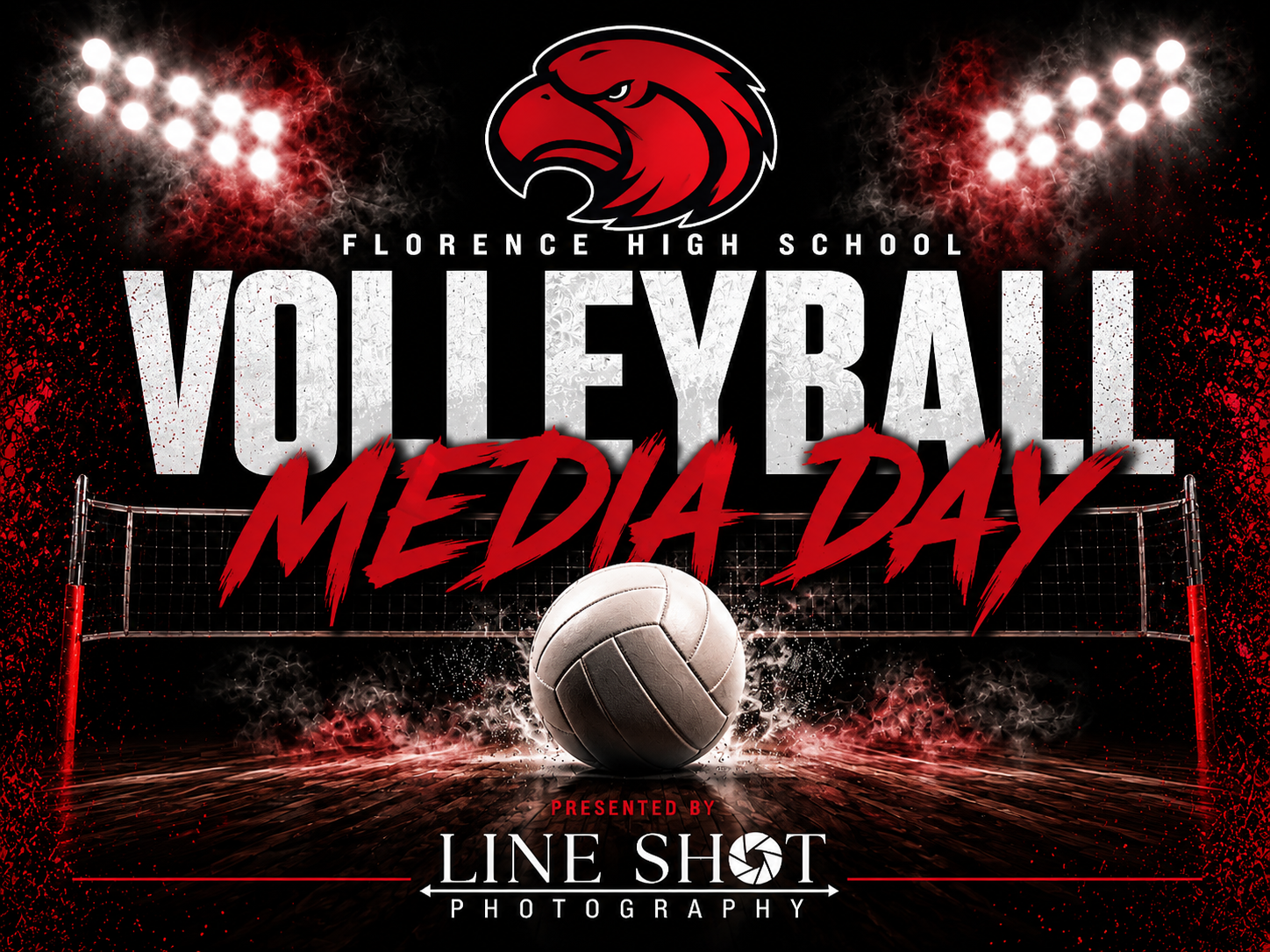 Florence High School Volleyball Media Day landscape graphic with hawk mascot by Line Shot Photography.